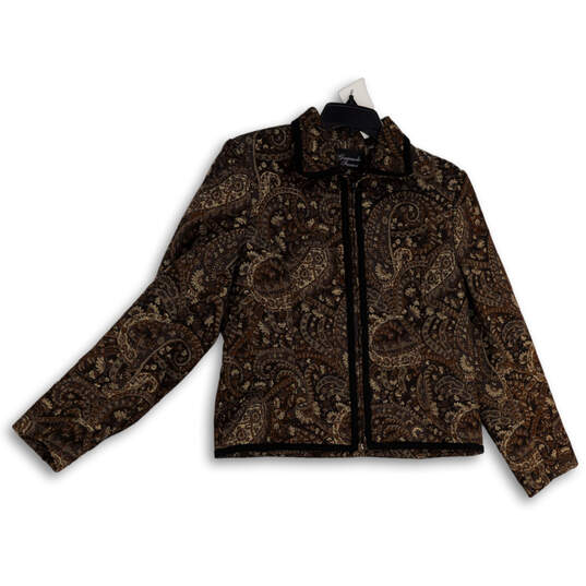 Womens Brown Paisley Spread Collar Long Sleeve Full-Zip Jacket Size 10 image number 1