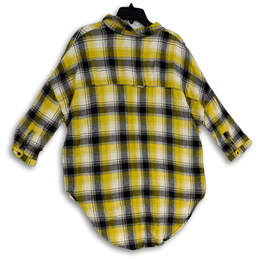 Womens Yellow Black Plaid Spread Collar 3/4 Sleeve Button-Up Shirt Size M/L alternative image