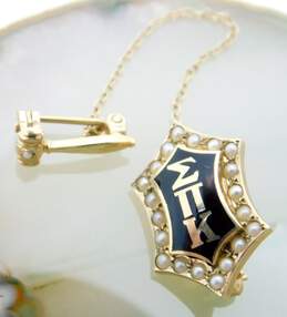 Vintage 10K Gold Sigma Pi Kappa Fraternity Black Enamel & Seed Pearls Pointed & Gavel Pins & Chain 3.2g