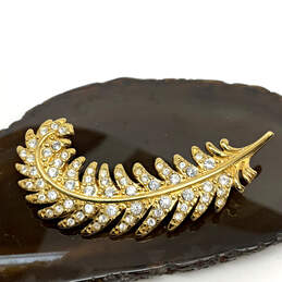Designer Swarovski Gold-Tone Crystal Clear Rhinestone Feather Brooch Pin alternative image