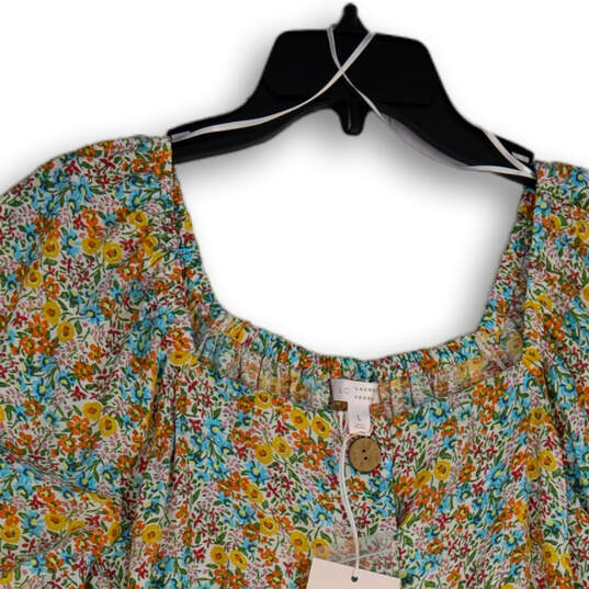 NWT Womens Multicolor Floral Short Sleeve Button Front Blouse Top Size L image number 3
