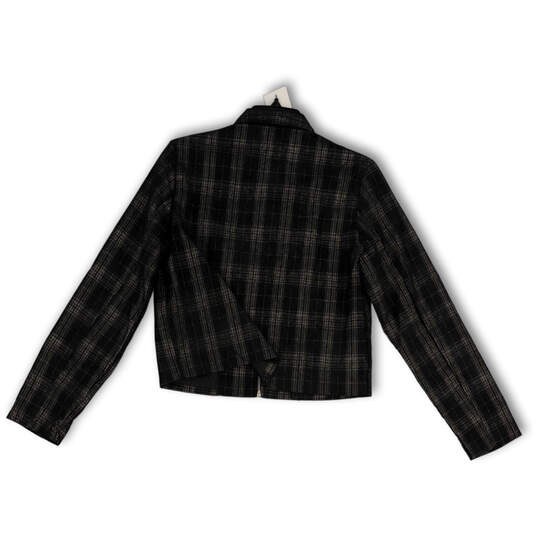 Womens Black Plaid Long Sleeve Pocket Collared Full-Zip Cropped Jacket Sz M image number 2