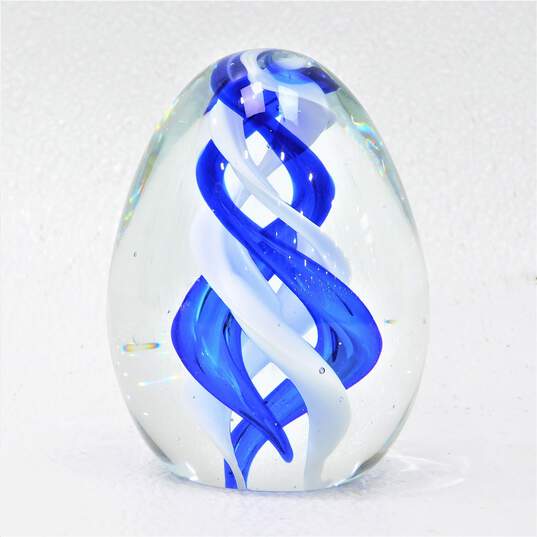 Vintage Murano Style Art Glass Swirl White & Blue Paperweight image number 2