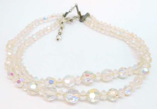 Vintage Icy Aurora Borealis Beaded Double Strand Necklaces With Blue & Clear Rhinestone Brooch 101.0g image number 2