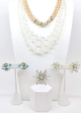 VNTG Icy Aurora Borealis & Faux Pearl Clip-On Earrings Necklaces & Brooch 155.0g