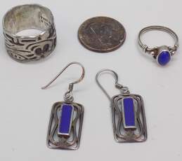 Artisan 925 Blue Faux Stone Inlay Rectangle Drop Earrings & Lapis Cabochon & Abstract Wide Band Rings 13.5g alternative image
