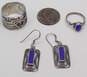 Artisan 925 Blue Faux Stone Inlay Rectangle Drop Earrings & Lapis Cabochon & Abstract Wide Band Rings 13.5g image number 2