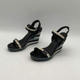 Womens Mylar A8051 Blue Black Stripped Wedge Heel Ankle Strap Sandals Sz 10 alternative image