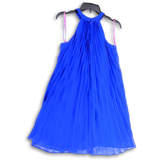 Womens Blue Sleeveless Halter Neck Pleated Back Zip Shift Dress Size 4 image number 2