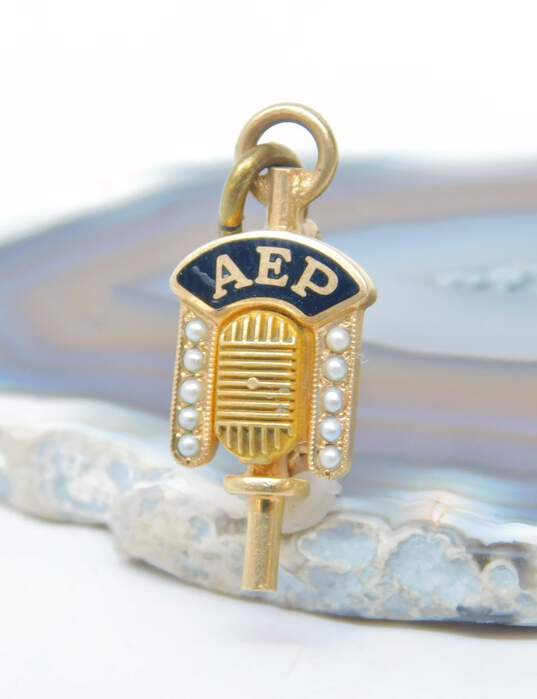 Vintage 10K Gold Alpha Epsilon Rho Seed Pearls & Black Enamel Honor Key Pendant Pin 3.3g image number 3