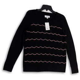 NWT Womens Black Pink Striped Crew Neck Long Sleeve Pullover Sweater Size M