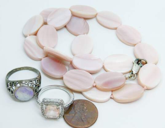 Romantic 925 Pink Mother of Pearl Ovals Beaded Necklace & Rose Quartz Cubic Zirconia Halo & Shell Scrolled Rings 37.3g image number 6