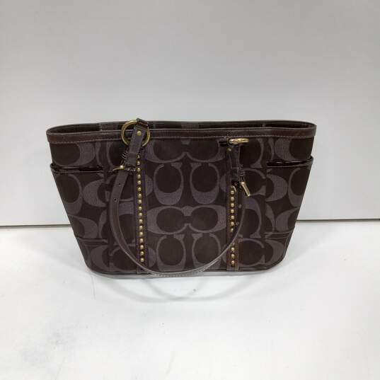 Women's Coach Signature Metallic and Brown Studded Shoulder Tote Purse image number 2
