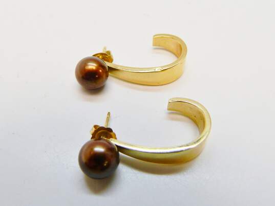 14K Yellow Gold Brown Pearl Stud J Hoop Enhancer Earrings 2.8g image number 3