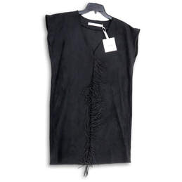 NWT Womens Black V-Neck Cap Sleeve Fringe Pullover Shift Dress Size Small