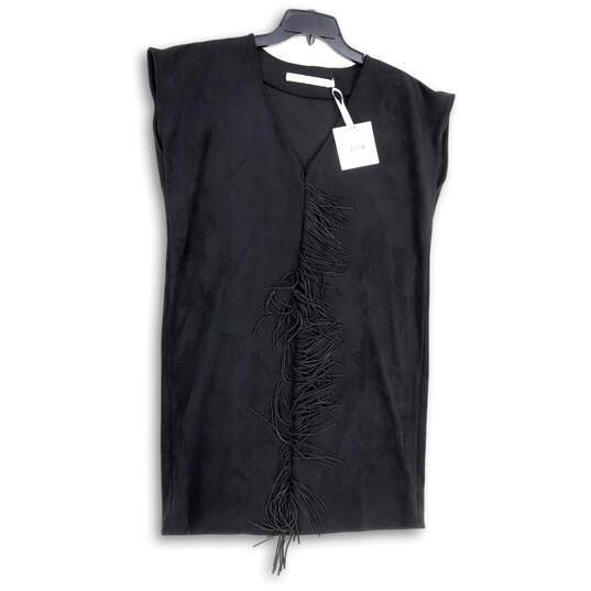 NWT Womens Black V-Neck Cap Sleeve Fringe Pullover Shift Dress Size Small image number 1