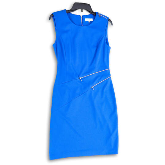 Womens Blue Round Neck Sleeveless Back Zip Knee Length Sheath Dress Size 8 image number 1