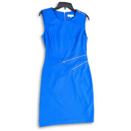 Womens Blue Round Neck Sleeveless Back Zip Knee Length Sheath Dress Size 8