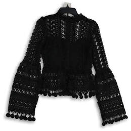 Womens Black Crochet Bell Sleeve Crew Neck Pullover Blouse Top Size M
