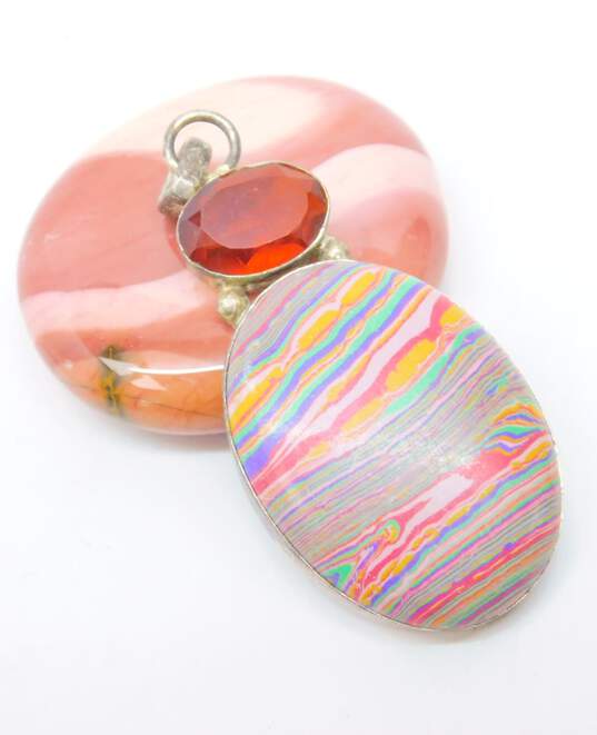 Artisan Silver Tone Rhodonite Agate Rainbow Calsilica Moonstone Colorful Glass Statement Pendants 76.3g image number 5