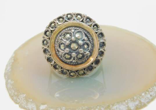 Vintage 900 Silver & 8K Yellow Gold Accent Marcasite Cocktail Ring 4.9g image number 2