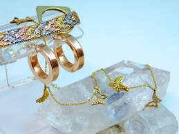 Dyadema & Contemporary 925 Rose Vermeil CZ Butterfly Charms Necklace Chunky Hoop Earrings Chevron Chain Bracelet & Square Band Ring 27.8g