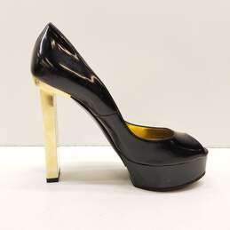 Davis By Ruthie Davis Italy Black Patent Leather Peep Toe Pump Gold Heels Shoes Size  37.5 alternative image