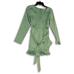 NWT Womens Green Waist Belt Surplice Neck Back Zip Short Wrap Dress Size S