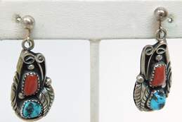Signed AL 925 Southwestern Turquoise & Coral Cabochons Feather Scrolled Granulated & Stamped Drop Screw Back Earrings 10.4g