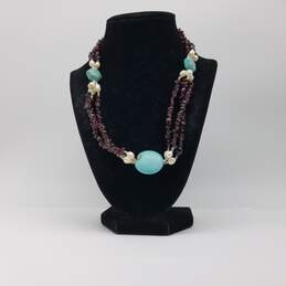 Sterling Silver Garnet Turquoise Fw Pearl Triple Strand Link Necklace 70.3g alternative image