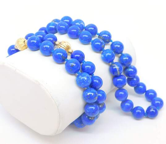 Vintage 14K Yellow Ridged Gold Lapis Bead Hand Knotted Endless Necklace 103.1g image number 2