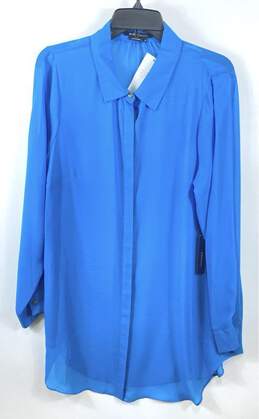 BCBGMAXAZRIA Women Blue Sheer Long Sleeve Button Up Blouse XL