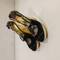 Women's Black Suede & Gold Wedge Platform Heels Size 8.5M