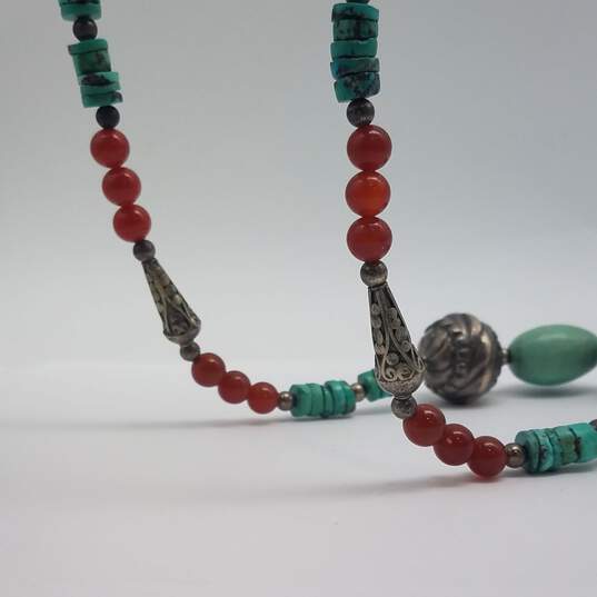 Sterling Silver Turquoise Carnelian Bead 24 Inch Necklace 76.5g image number 4