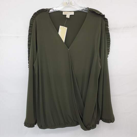 WOMEN'S MICHAEL Michael Kors OLIVE GREEN CROSSOVER LONG SLEEVE TOP SZ 1X NWT image number 1