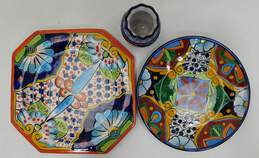 Mexican Talavera Hand Painted Clay Pottery Plates & Small Vase