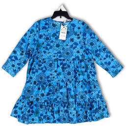 NWT Womens Blue Floral 3/4 Sleeve Key Hole Back Trapeze & Swing Dress Sz XL