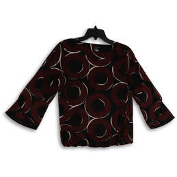 Womens Burgundy Black Geometric Long Sleeve Pullover Blouse Top Size M