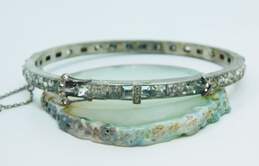 Vintage 925 Icy Clear Rhinestones Belt Buckle Scrolled Filigree Hinged Bangle Bracelet 15.7g