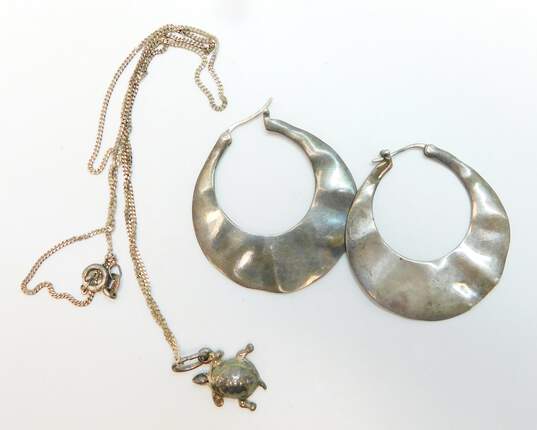 (G)  Artisan 925 Puffed Turtle Pendant Necklace & Flat Tapered Hoop Earrings image number 5