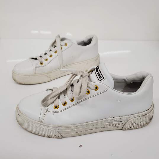 Miu Miu White Leather Lace Up Sneakers Women's Size 9 image number 4