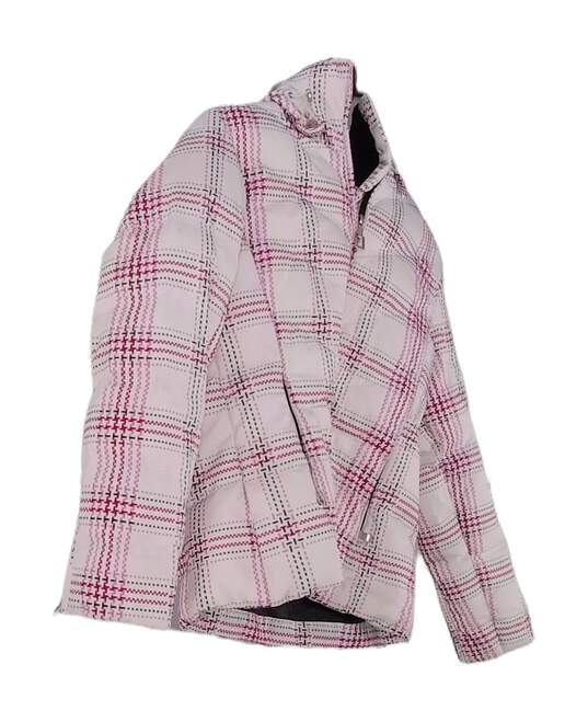 Womens White Pink Plaid Long Sleeve Full Zip Hooded Puffer Jacket Size Small image number 3