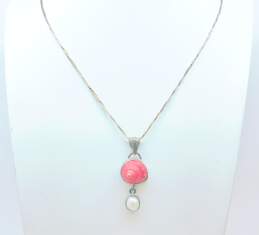 Artisan 925 Pink Shell & White Pearl Pendant Liquid Silver Multi Chain Necklace Pearls & Bali Bead Drop & Hoop Earrings 25.6g alternative image