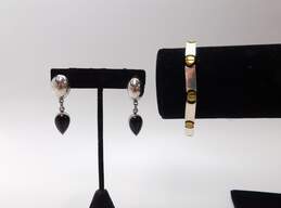 Taxco Mexico 925 Modernist Onyx Teardrop Cabochon & Oval Dome Drop Post Earrings & Brass Screws Panels Linked Bracelet 40.7g