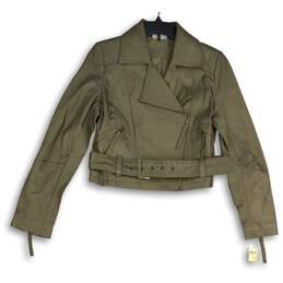 NWT Relativity Womens Brown Leather Asymmetrical Hem Motorcycle Jacket Size MP