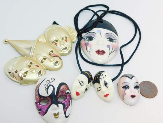 Fancy Faces & Vintage Porcelain Painted Drama Mask Pendant Necklace Post Earrings & Clown & Mime Enamel & Glitter Brooches 59g image number 6