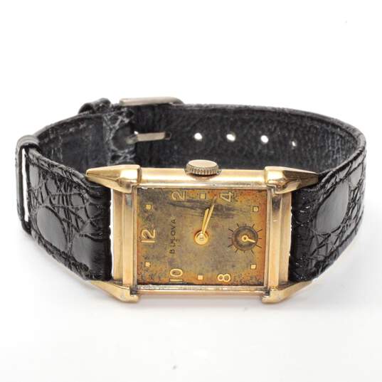 ** FOR REPAIR ** Bulova Gold Filled Black Leather Watch image number 5