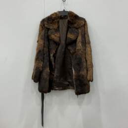 Womens Brown Gray Possibly Rabbit Fur Collared Belted Coat Size Large
