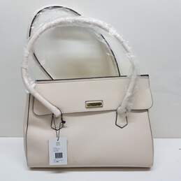 Beige faux leather top handle tote bag