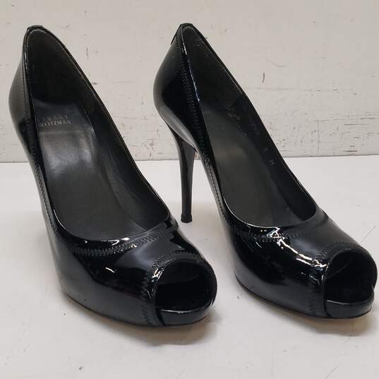 Stuart Weitzman Patent Peep Toe Heels Black 9 image number 3